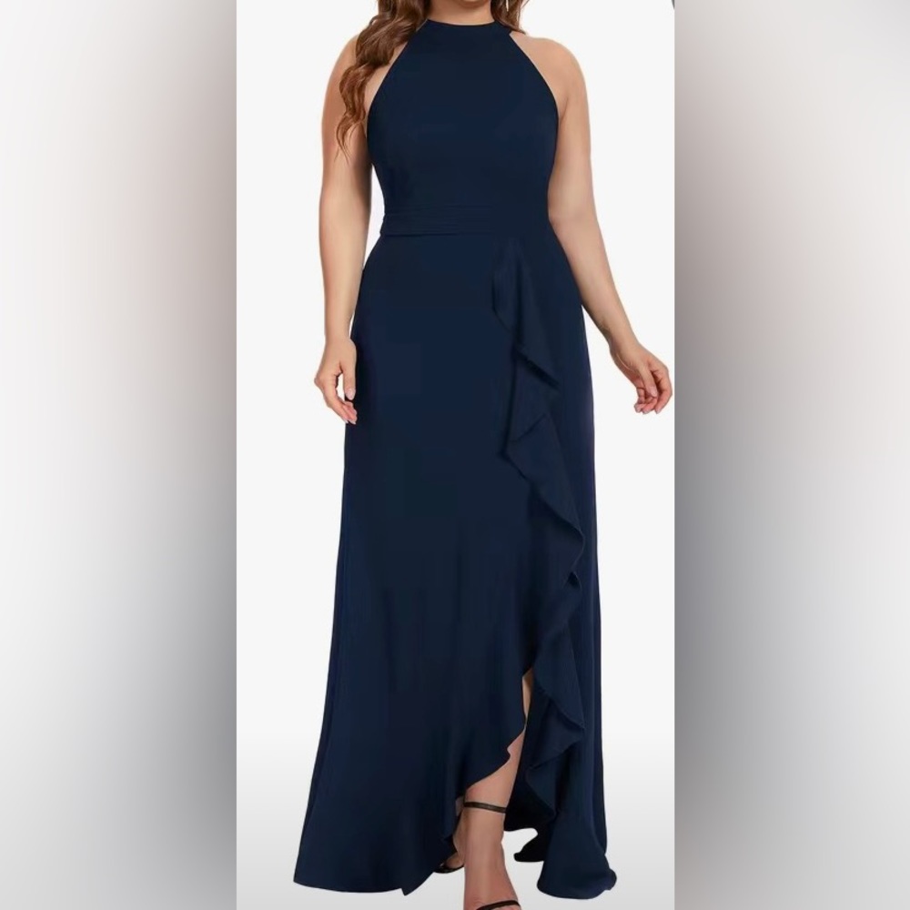Ruffle Trim Split He Halter Neck Dress